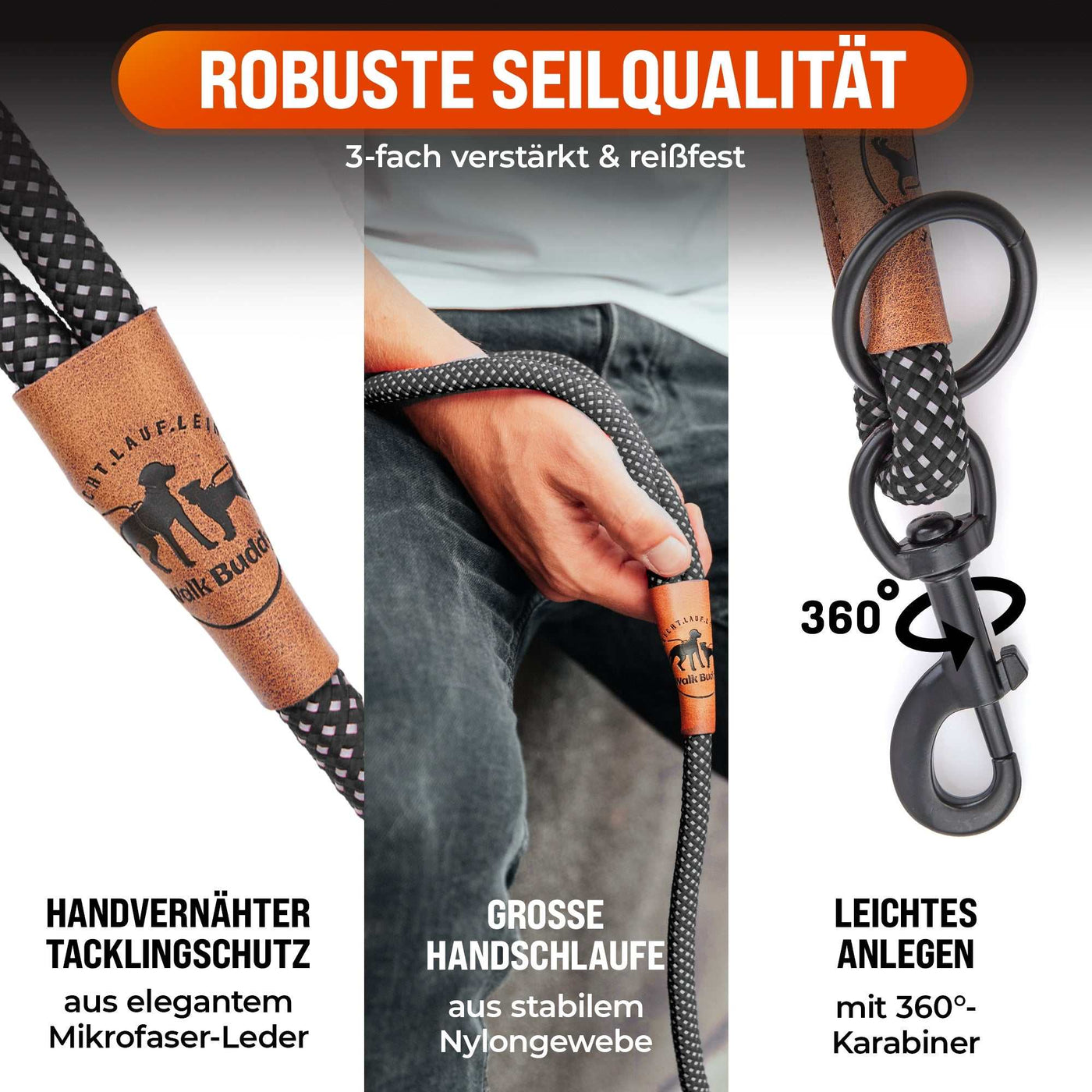 GLOW Reflektionsleine© – Stil, Sicherheit und Komfort in einem. - Schwarz - Orange - Blau -Rot - M