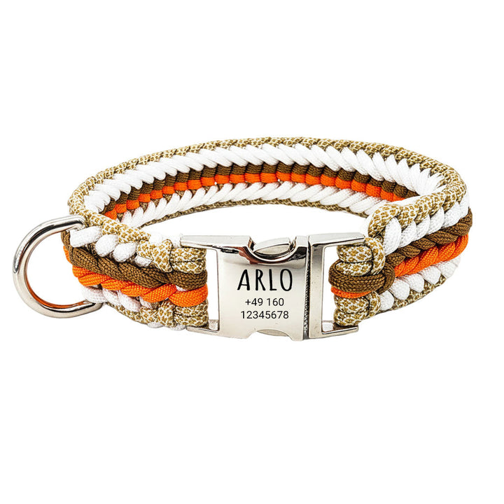 Arlo – handgeknüpftes Paracord-Halsband mit Gravur | Orange-Braun-Weiß-Beige